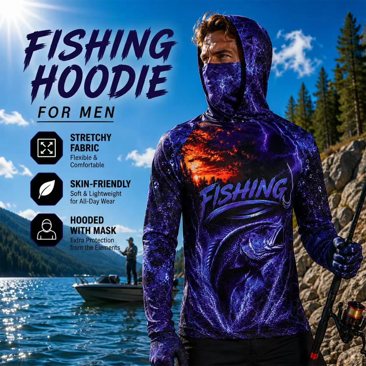 Fishing Shirt Uv Protection - Herren-Fischerei-Shirt mit Kapuze, 3D-Druck, lila Bass-Fisch-Motiv,